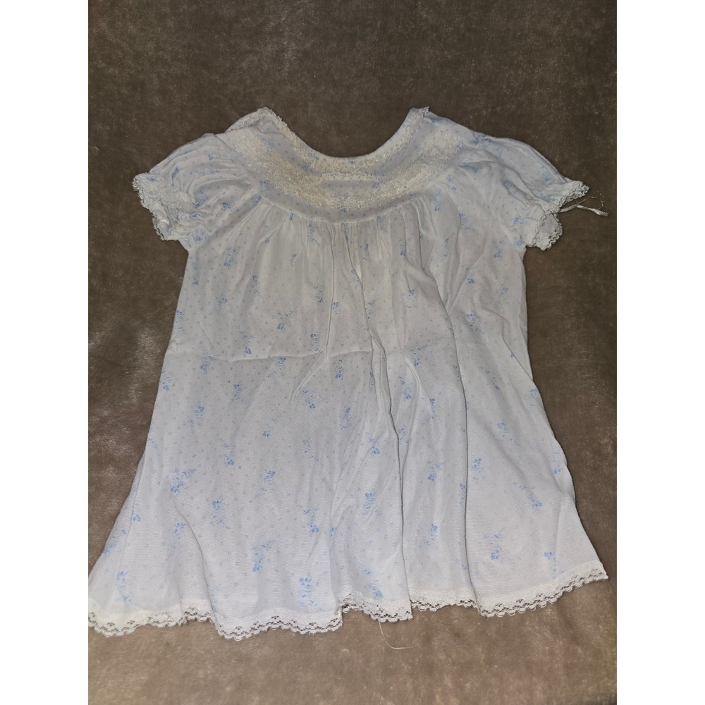 Vintage White Blue Floral Pointelle Nightgown Lace Trim Short Sleeve Small